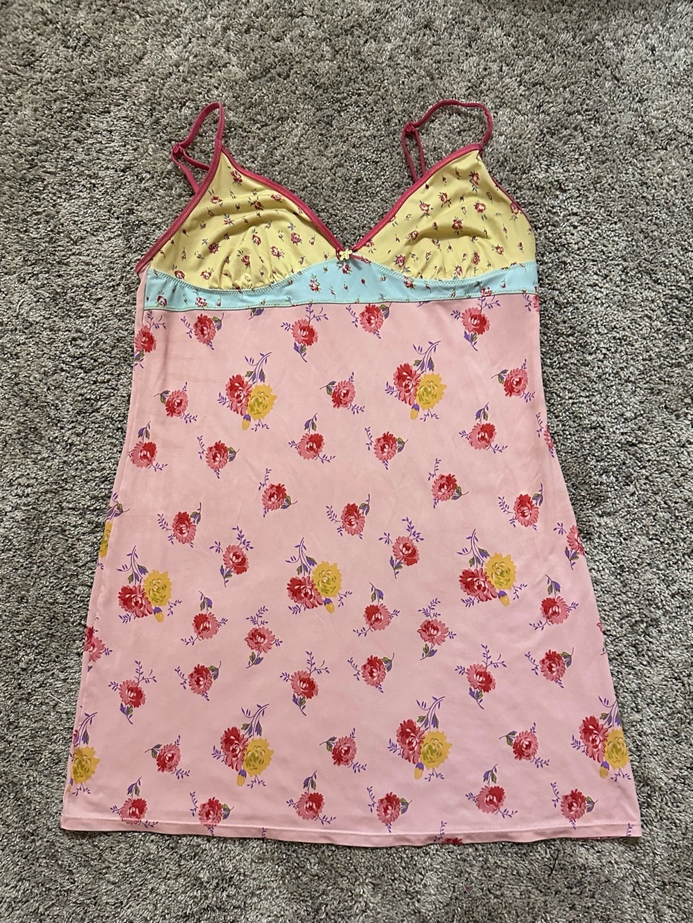 #33 DKNY Chemise Slip Dress M Floral Nightgown Pink Yellow Blue Y2K Coquette